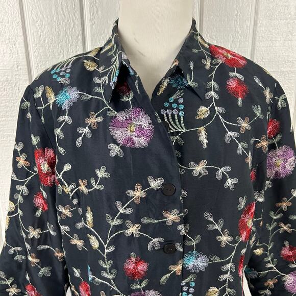 Silkland Petite Women Embroidered Top Blouse Artsy Boho Silk Black Size 14P - Picture 4 of 7